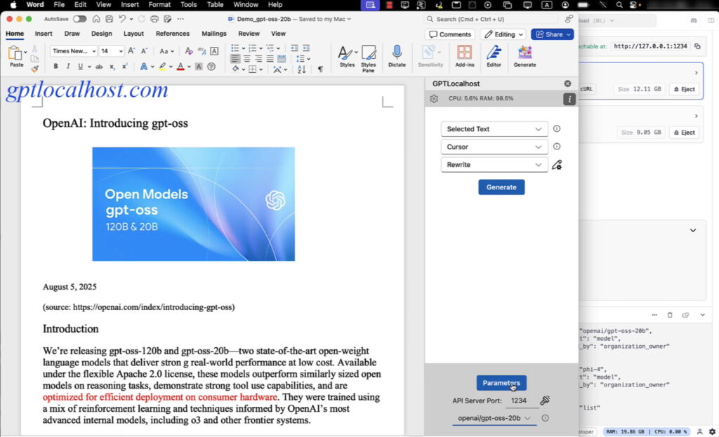 Local LLMs in Word: OpenAI open model: gpt-oss-20b
